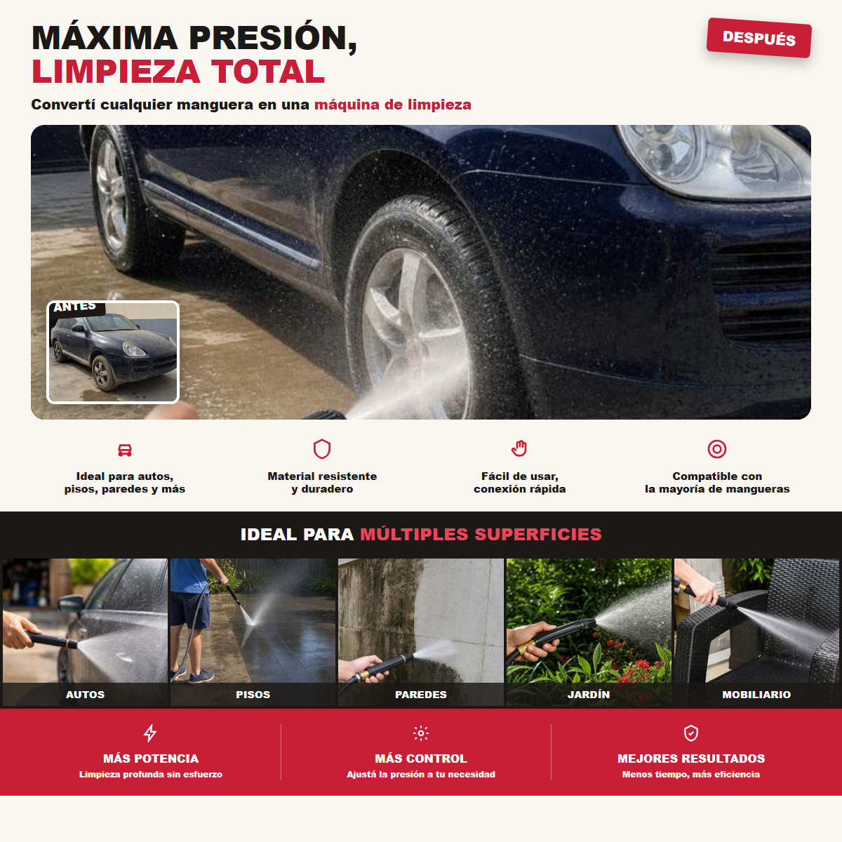Maxima presion, limpieza total - afiche con antes y despues del mismo auto y las 5 superficies
